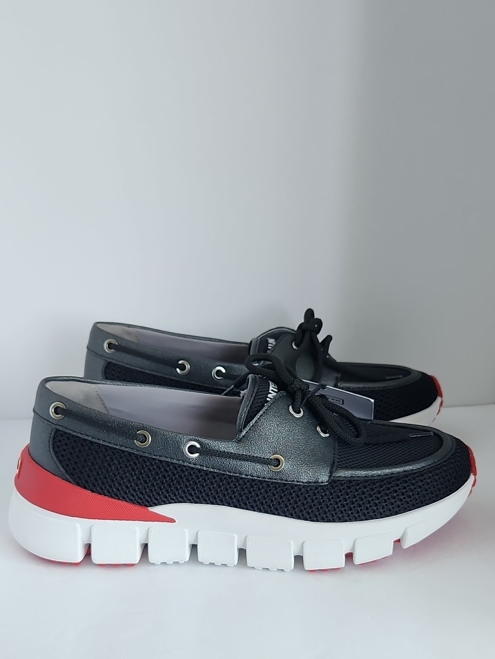 Hunter Black and Red Slip-On Boat Loafers